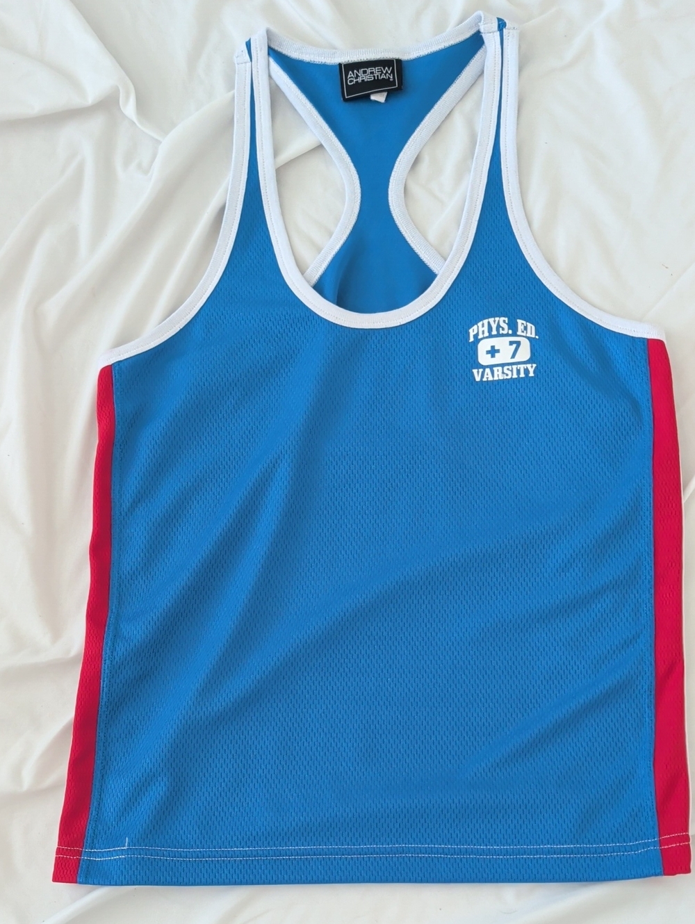 Andrew Christian Blue Swim Tank with White Trim and Red Sides